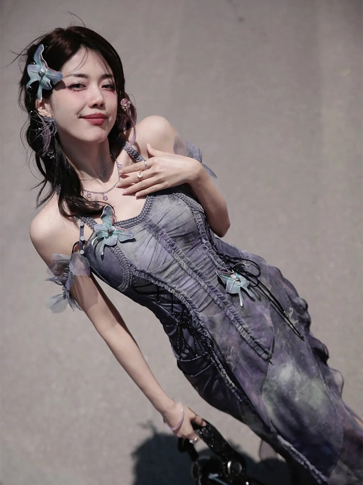 Butterfly Ciffon Lace-up Cardigan&One-piece
