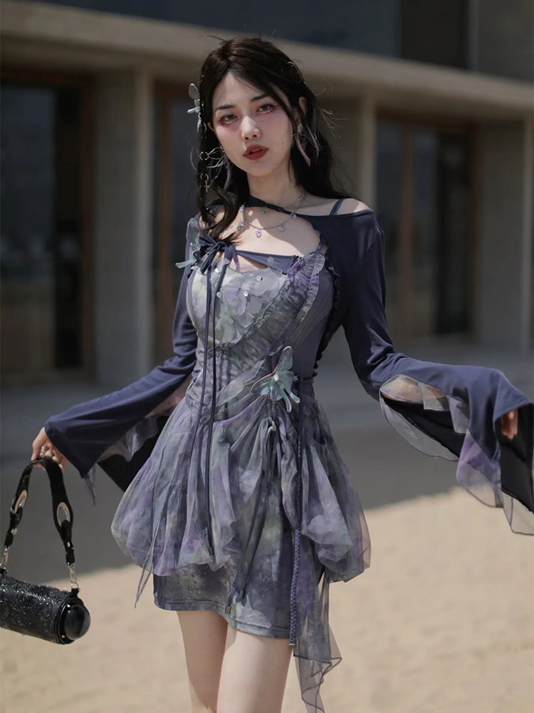 Butterfly Ciffon Lace-up Cardigan&One-piece