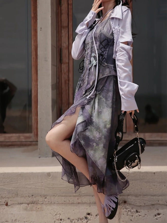 Butterfly Ciffon Lace-up Cardigan&One-piece