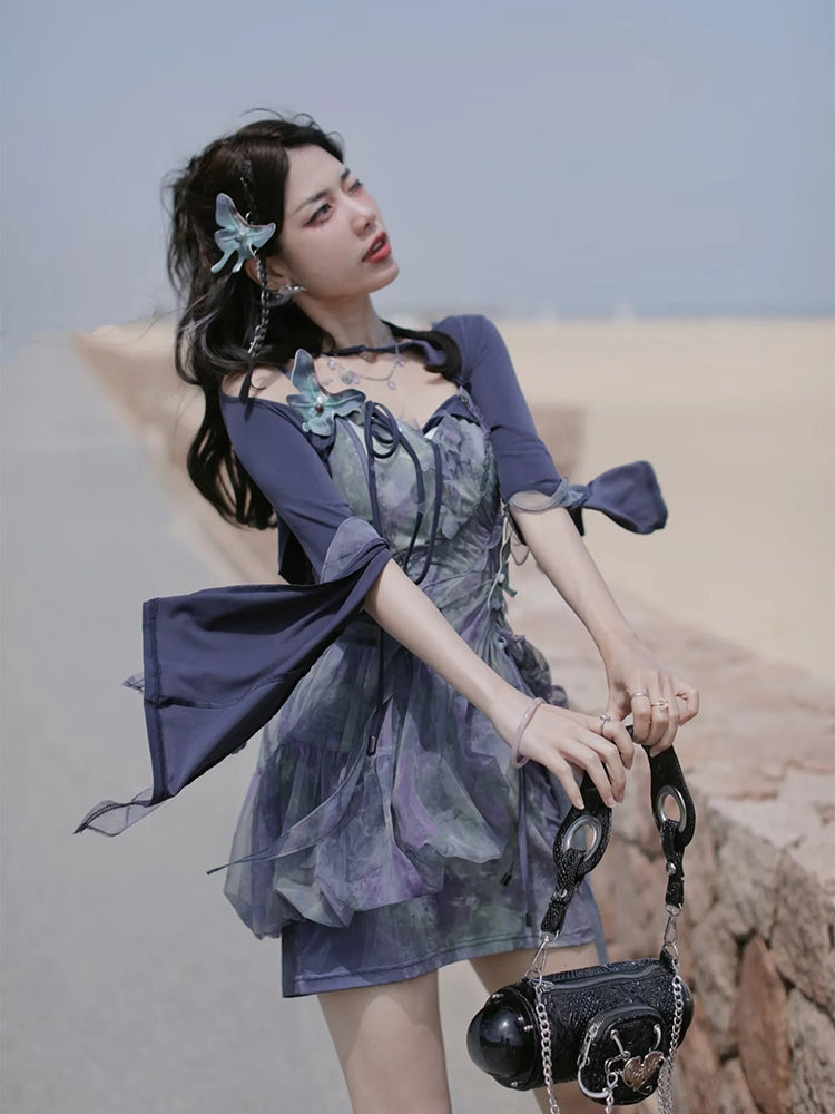 Butterfly Ciffon Lace-up Cardigan&One-piece