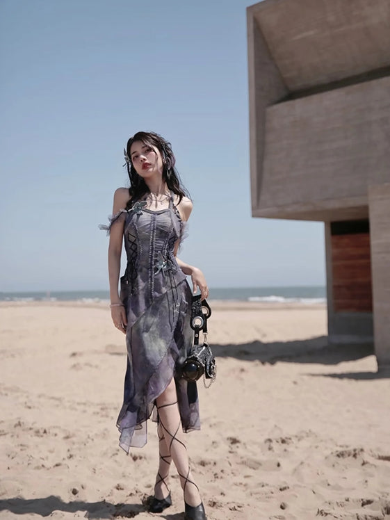 Butterfly Ciffon Lace-up Cardigan&One-piece