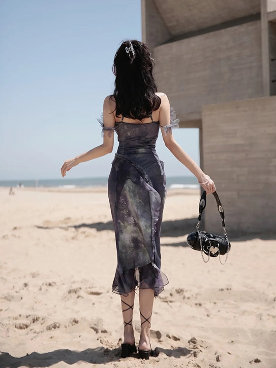 Butterfly Ciffon Lace-up Cardigan&One-piece