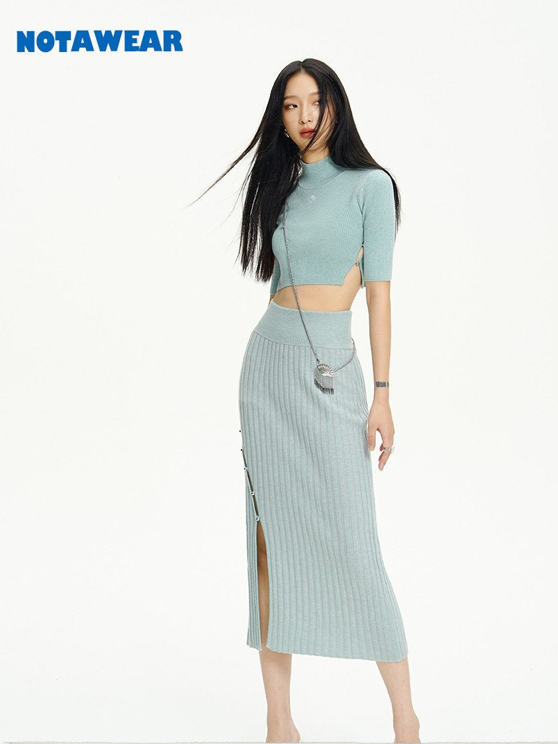 Knit Tight Cropped High-neck Long Tops&Skirt