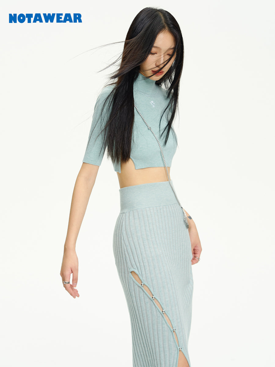 Knit Tight Cropped High-neck Long Tops&Skirt