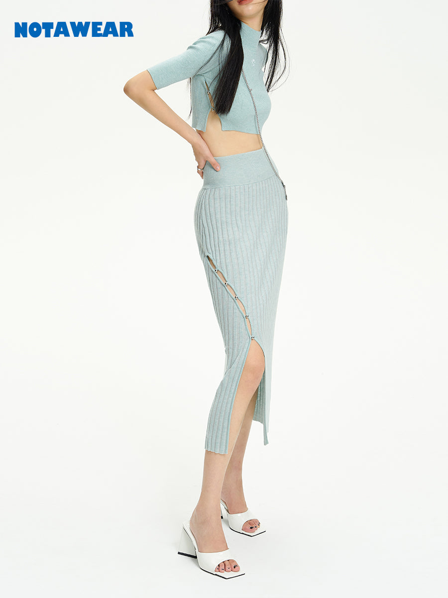 Knit Tight Cropped High-neck Long Tops&Skirt