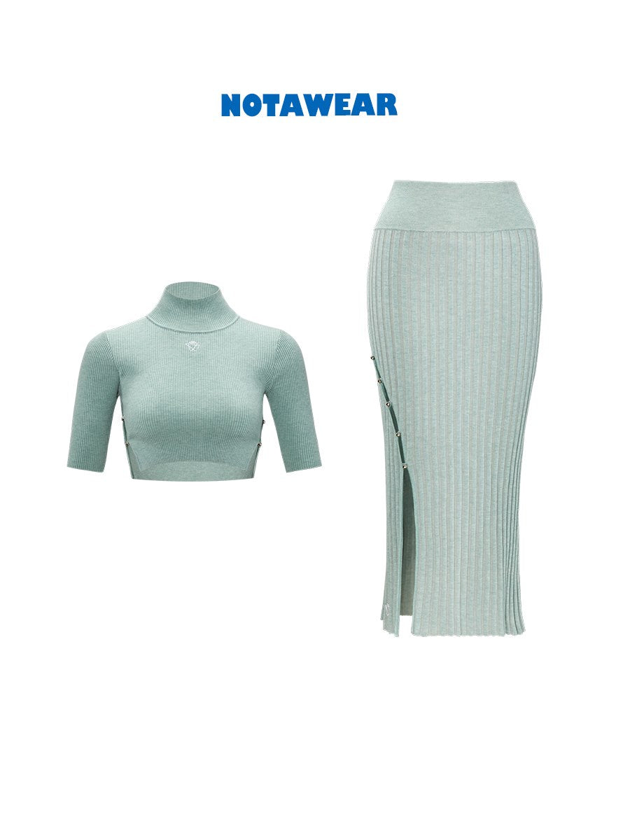 Knit Tight Cropped High-neck Long Tops&Skirt