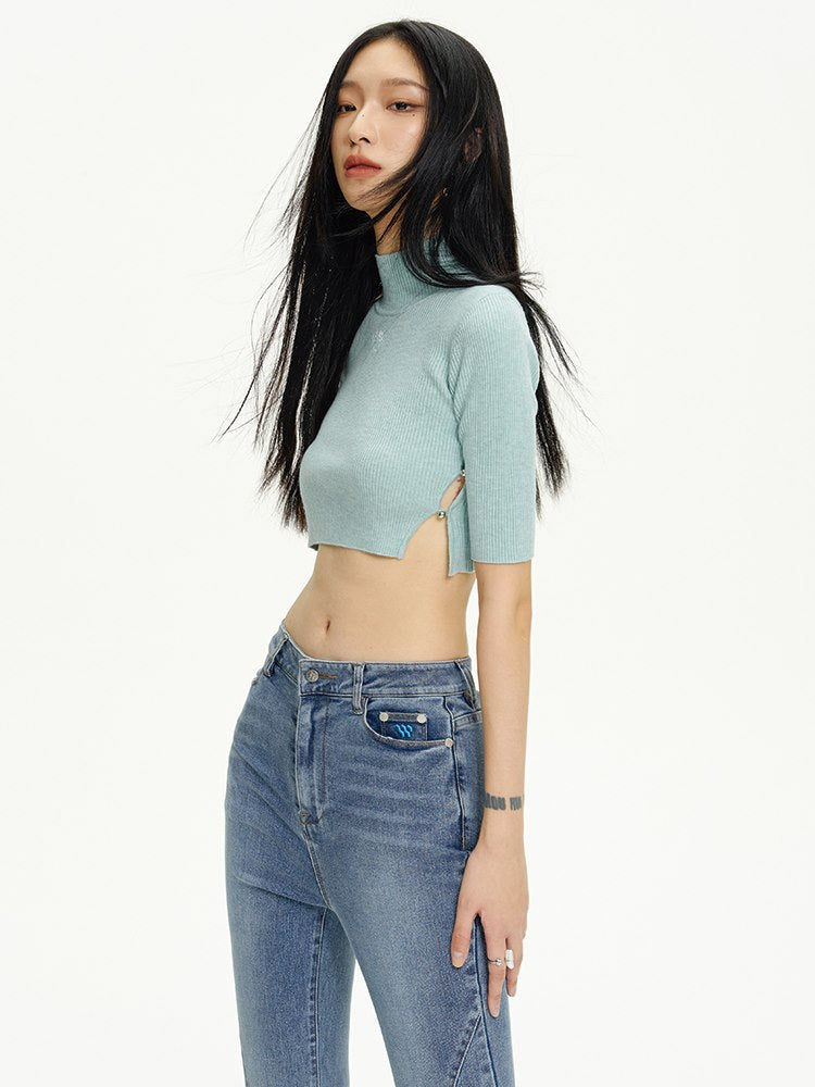Knit Tight Cropped High-neck Long Tops&Skirt