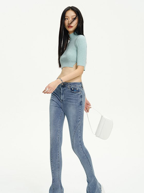 Knit Tight Cropped High-neck Long Tops&Skirt