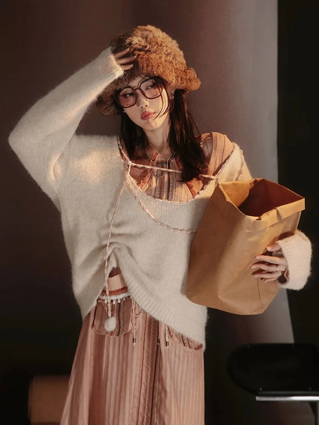 Satin Layered Loose Fluffiy Knit&Camisole