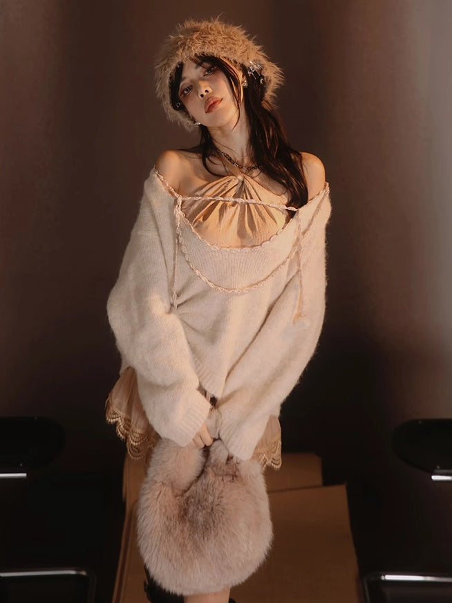 Satin Layered Loose Fluffiy Knit&Camisole