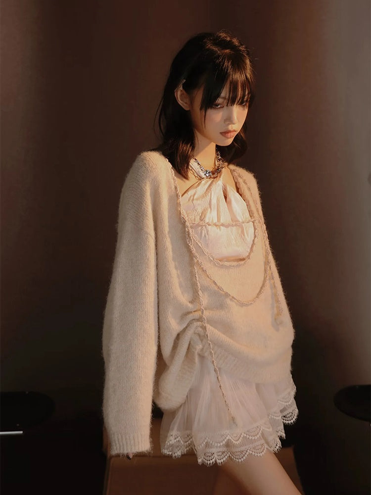 Satin Layered Loose Fluffiy Knit&Camisole