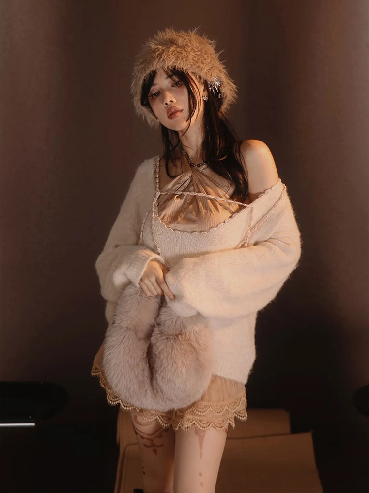 Satin Layered Loose Fluffiy Knit&Camisole