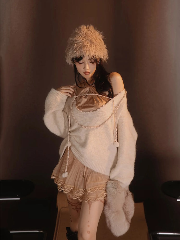 Satin Layered Loose Fluffiy Knit&Camisole