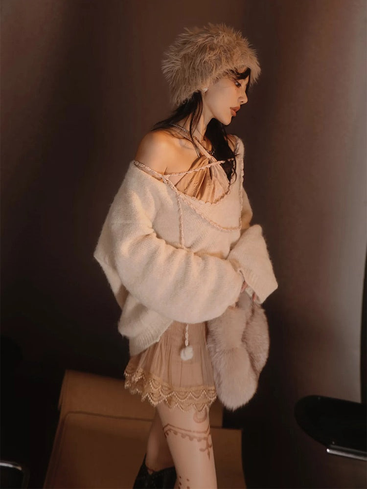 Satin Layered Loose Fluffiy Knit&Camisole