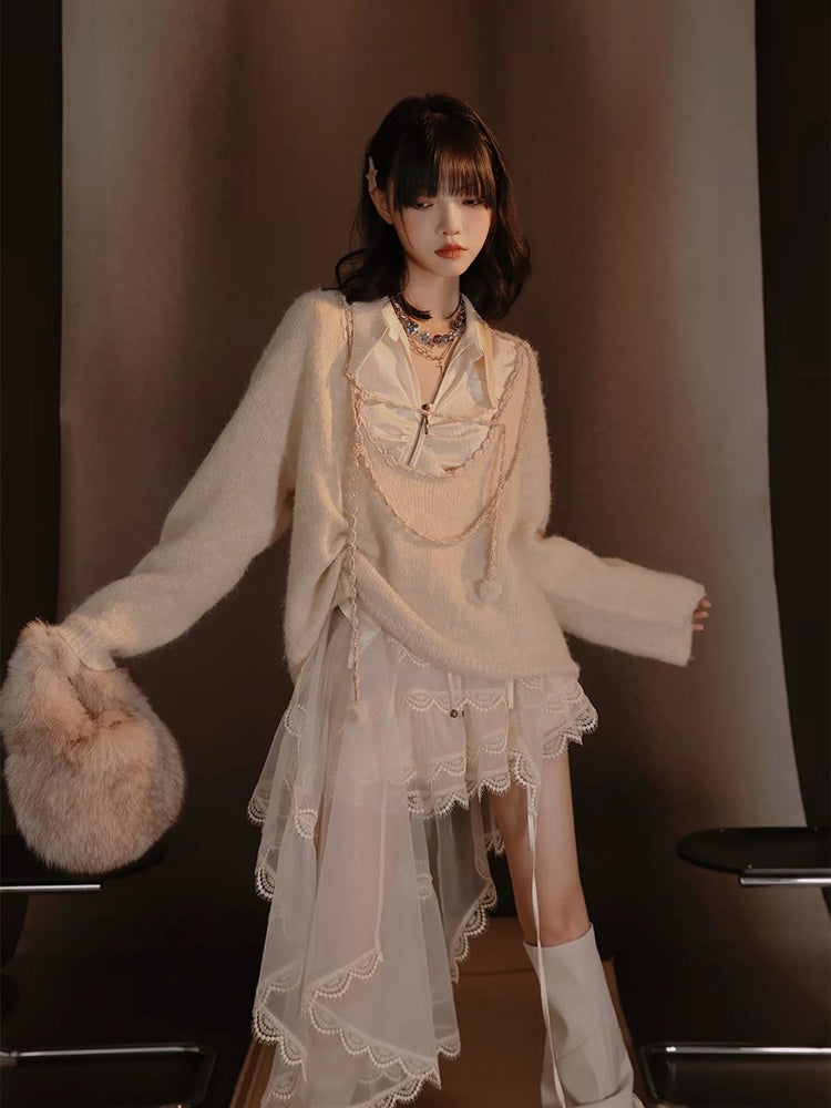 Satin Layered Loose Fluffiy Knit&Camisole