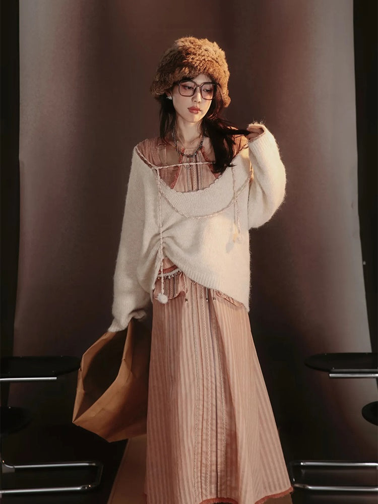 Satin Layered Loose Fluffiy Knit&Camisole