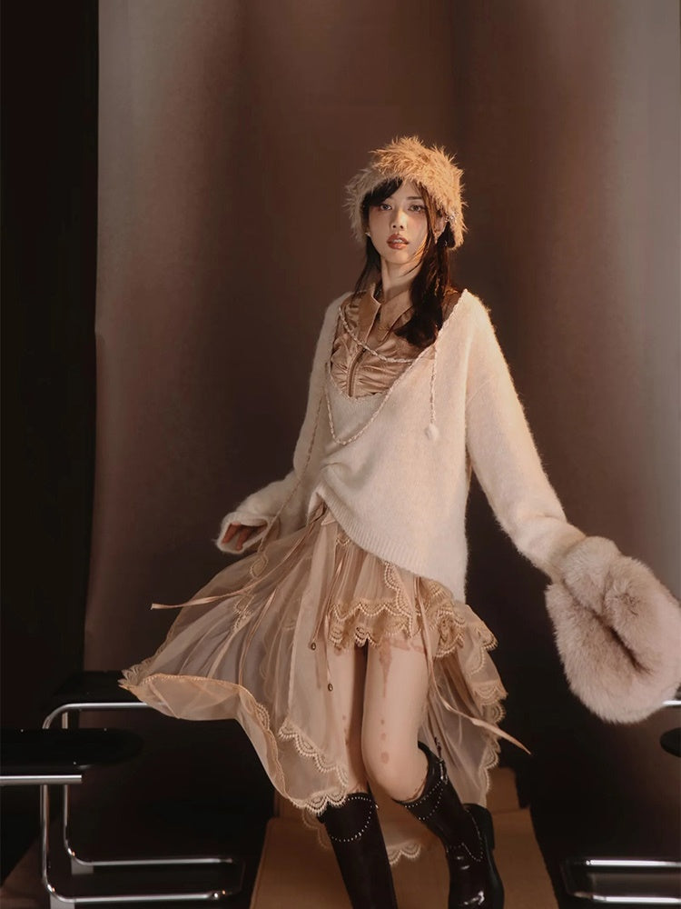 Satin Layered Loose Fluffiy Knit&Camisole