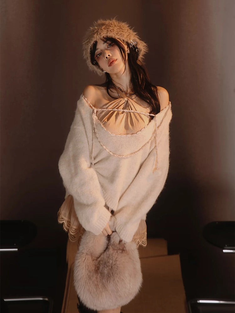 Satin Layered Loose Fluffiy Knit&Camisole