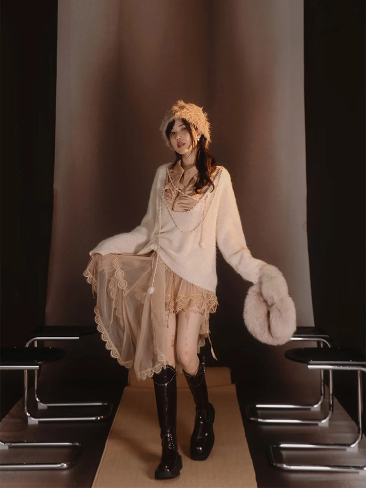 Satin Layered Loose Fluffiy Knit&Camisole
