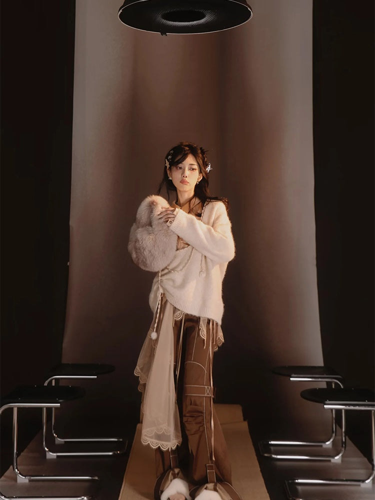 Satin Layered Loose Fluffiy Knit&Camisole