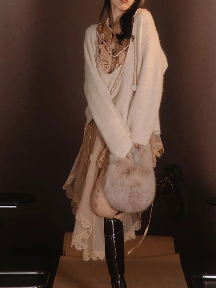 Satin Layered Loose Fluffiy Knit&Camisole