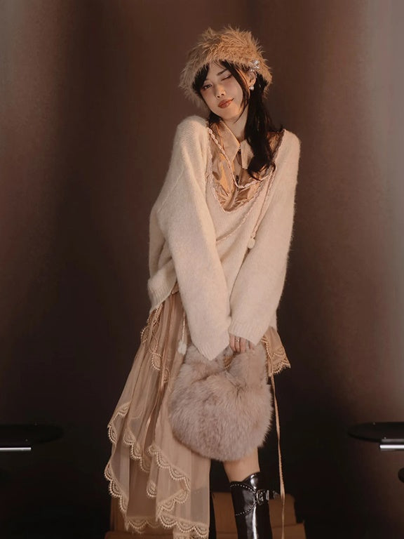 Satin Layered Loose Fluffiy Knit&Camisole