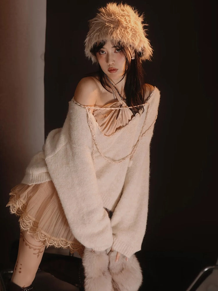 Satin Layered Loose Fluffiy Knit&Camisole