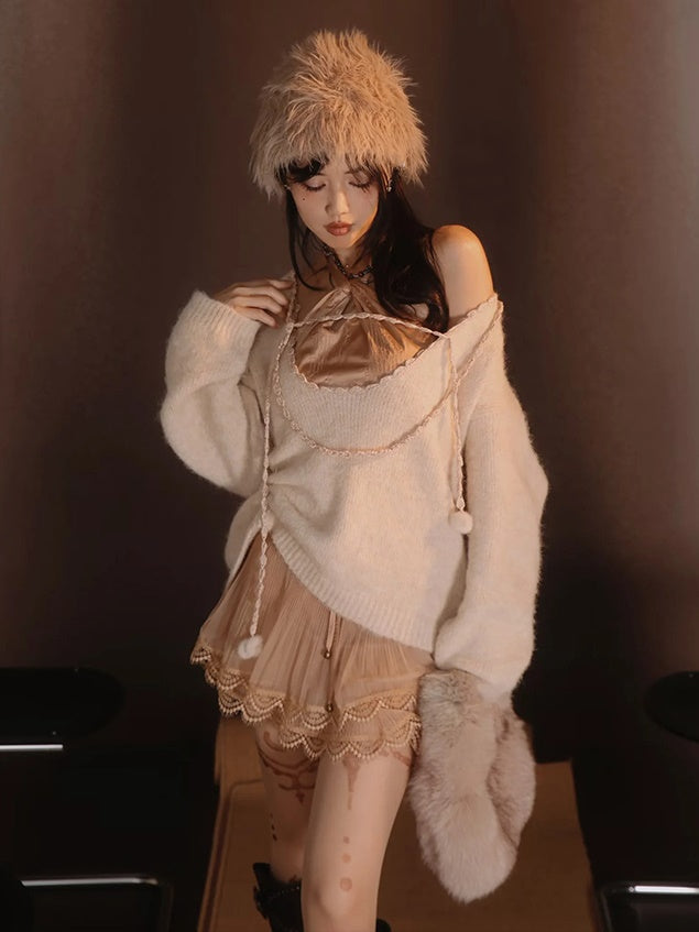 Satin Layered Loose Fluffiy Knit&Camisole