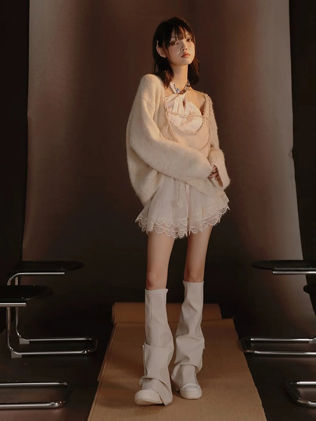 Satin Layered Loose Fluffiy Knit&Camisole