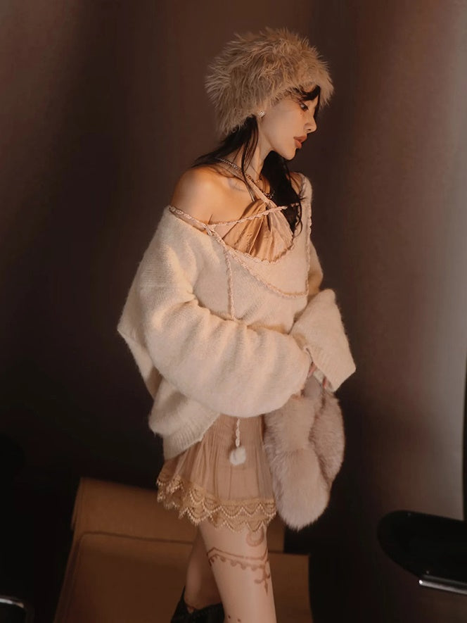 Satin Layered Loose Fluffiy Knit&Camisole