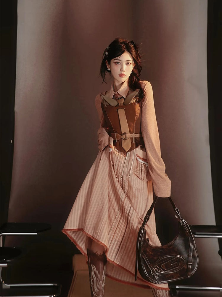 Lace-Frill Retro Drawstring Stripe Drawstring One-Piece