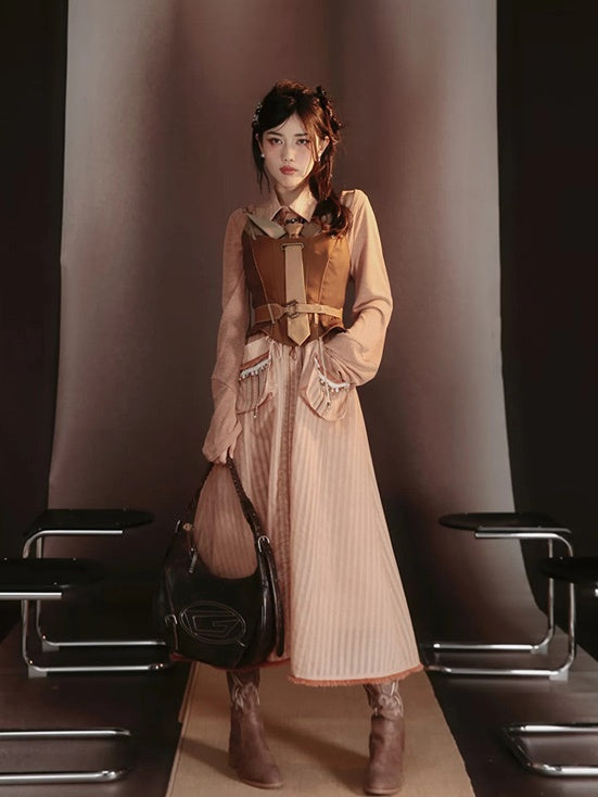 Lace-Frill Retro Drawstring Stripe Drawstring One-Piece