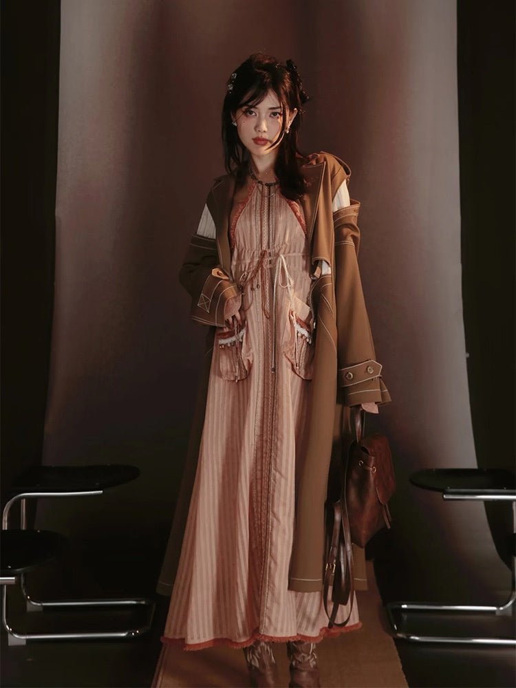 Lace-Frill Retro Drawstring Stripe Drawstring One-Piece