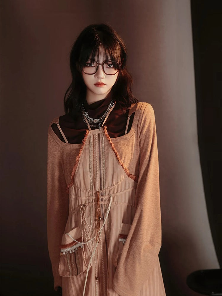 Lace-Frill Retro Drawstring Stripe Drawstring One-Piece