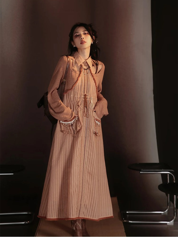 Lace-Frill Retro Drawstring Stripe Drawstring One-Piece