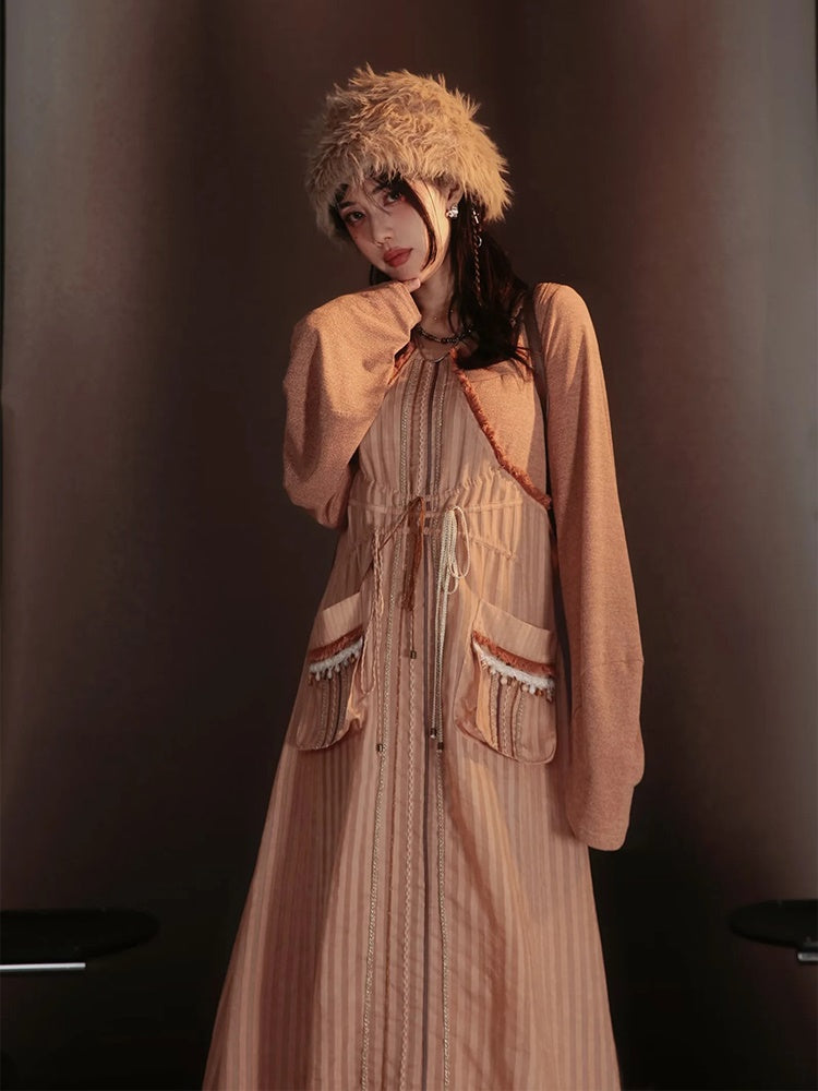 Lace-Frill Retro Drawstring Stripe Drawstring One-Piece