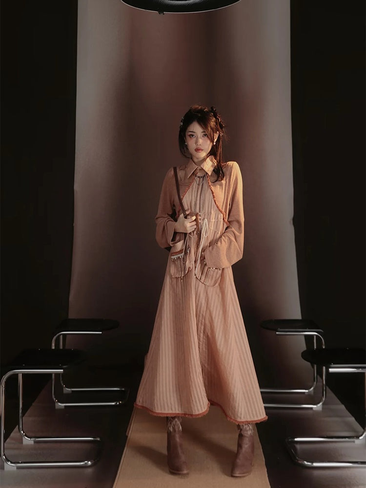 Lace-Frill Retro Drawstring Stripe Drawstring One-Piece