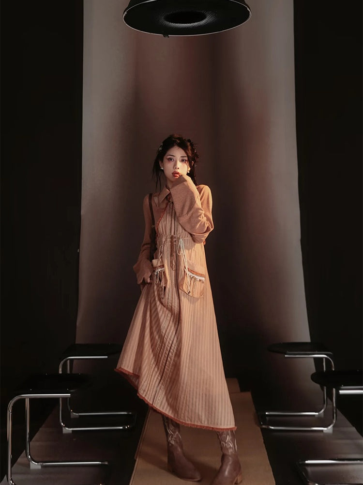 Lace-Frill Retro Drawstring Stripe Drawstring One-Piece