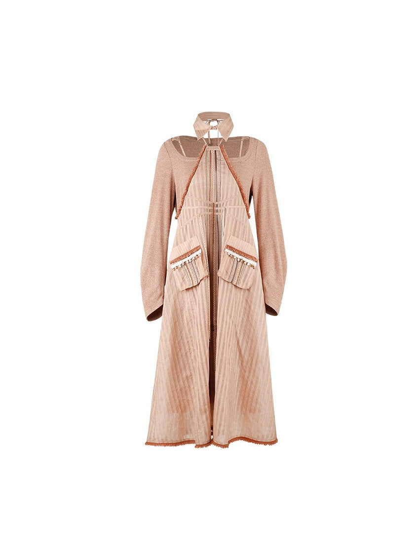 Lace-Frill Retro Drawstring Stripe Drawstring One-Piece