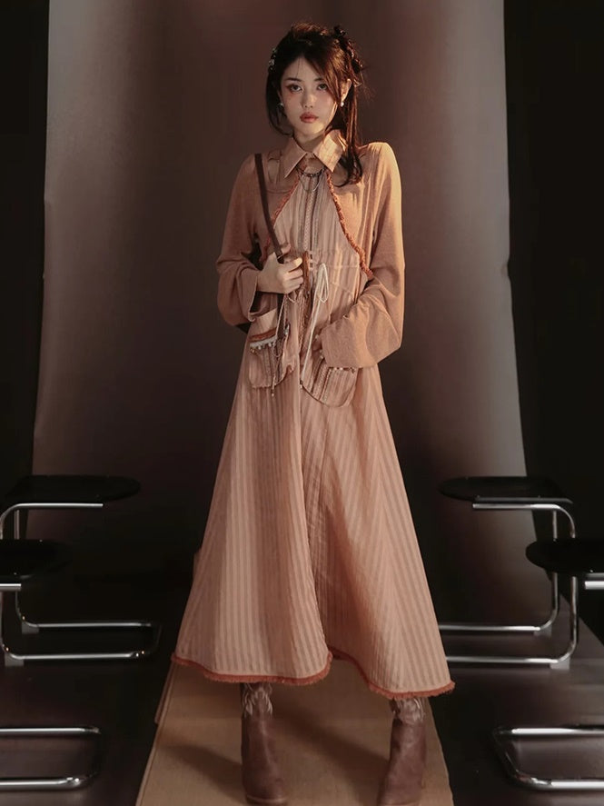 Lace-Frill Retro Drawstring Stripe Drawstring One-Piece