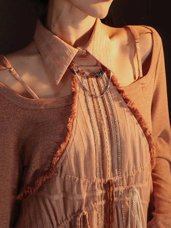 Lace-Frill Retro Drawstring Stripe Drawstring One-Piece