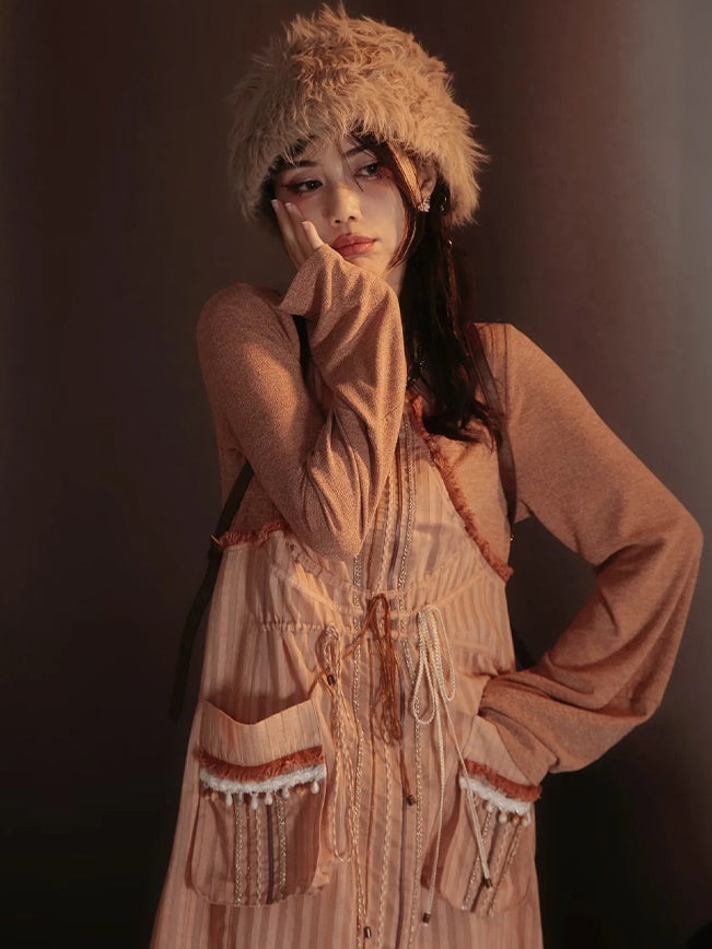 Lace-Frill Retro Drawstring Stripe Drawstring One-Piece