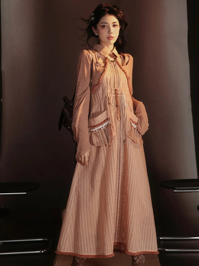 Lace-Frill Retro Drawstring Stripe Drawstring One-Piece