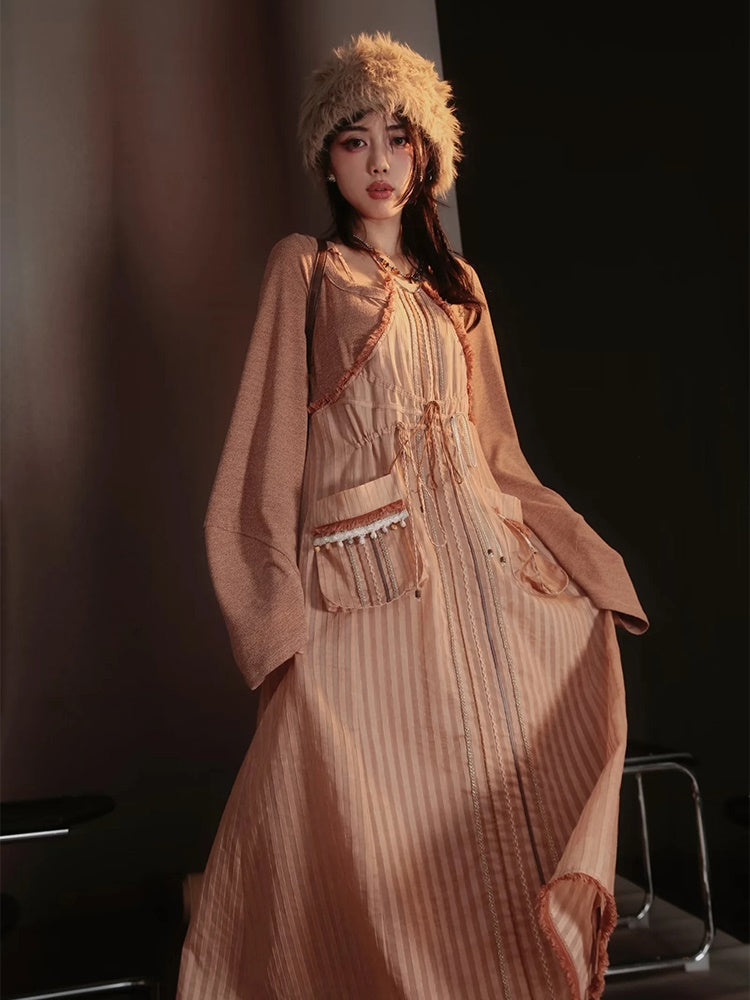 Lace-Frill Retro Drawstring Stripe Drawstring One-Piece