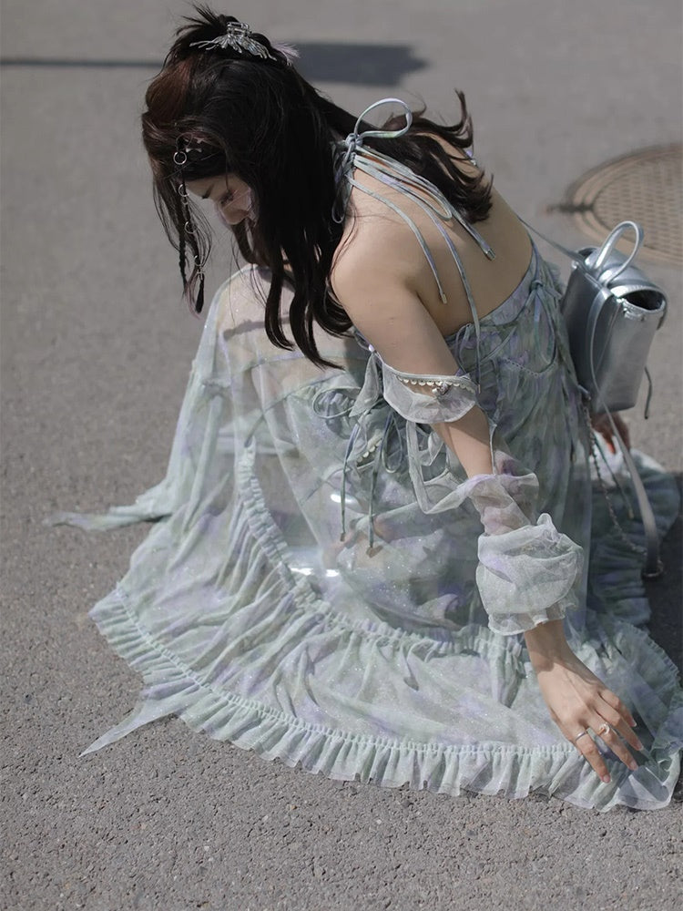 JZ NUMBLING Women's Bohemian Fairycore Pastel Dress - Flowy Lace-Up Design with Sheer Layers and Ruffled Hem
