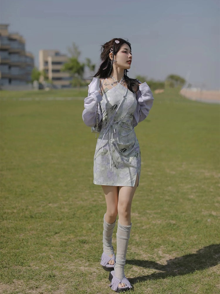 JZ NUMBLING Women's Bohemian Fairycore Pastel Dress - Flowy Lace-Up Design with Sheer Layers and Ruffled Hem
