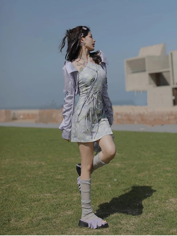 JZ NUMBLING Women's Bohemian Fairycore Pastel Dress - Flowy Lace-Up Design with Sheer Layers and Ruffled Hem