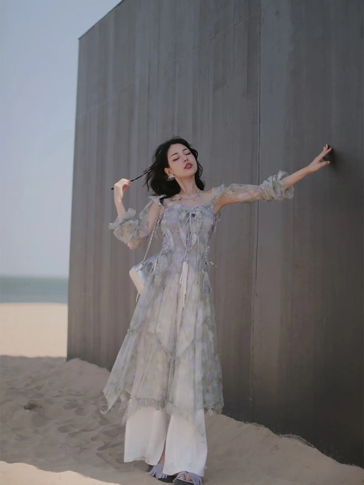 JZ NUMBLING Women's Bohemian Fairycore Pastel Dress - Flowy Lace-Up Design with Sheer Layers and Ruffled Hem