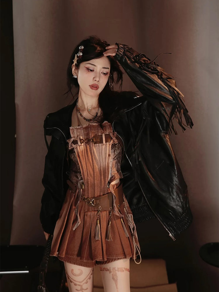 Retro Nichi Gradation Tassel One-Piece&Blouse&Belt