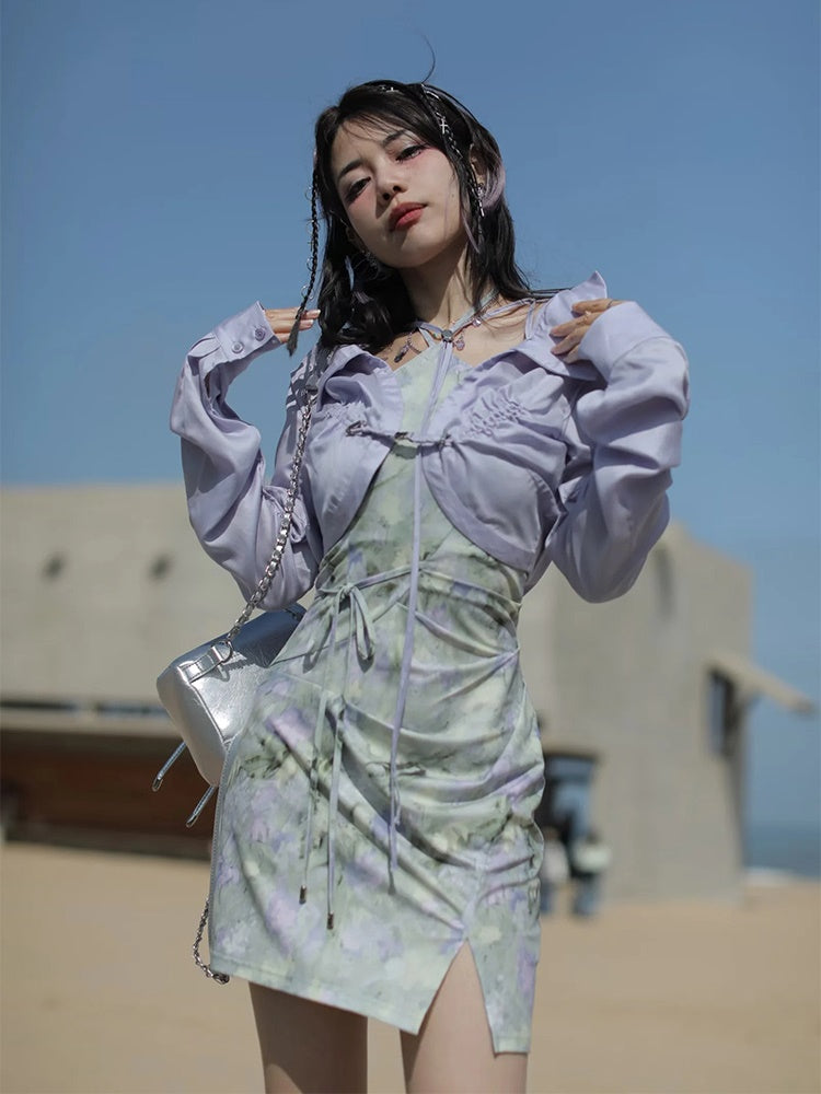 JZ NUMBLING Women's Bohemian Fairycore Pastel Dress - Flowy Lace-Up Design with Sheer Layers and Ruffled Hem
